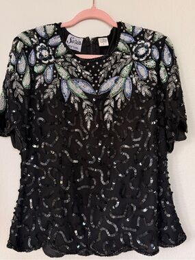 Vintage Sazin New York Beaded Silk Blouse Black Sequin Embellished Top S